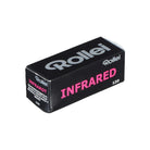 Rollei Infrared 400 ISO 120 black and white film box in black packaging with pink text on a white background.
