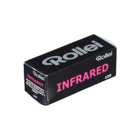 Rollei Infrared 400 ISO 120 black and white film box in black packaging with pink text on a white background.