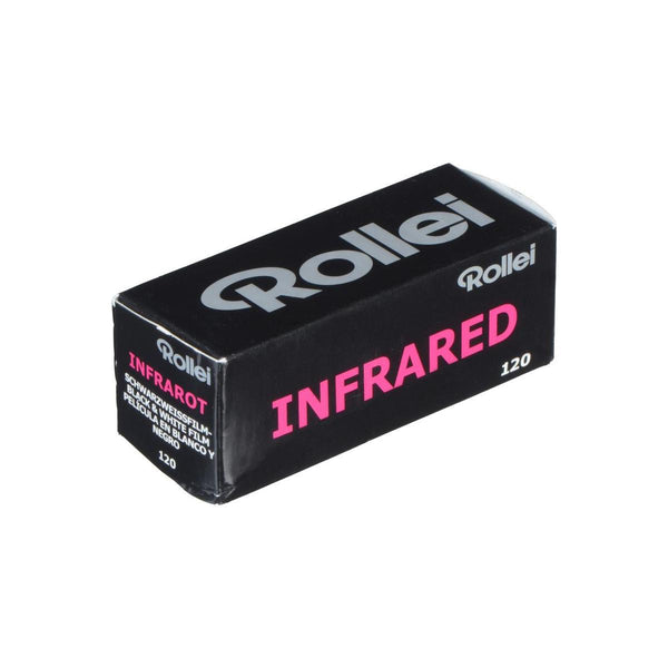 Rollei Infrared 400 ISO 120 black and white film box in black packaging with pink text on a white background.