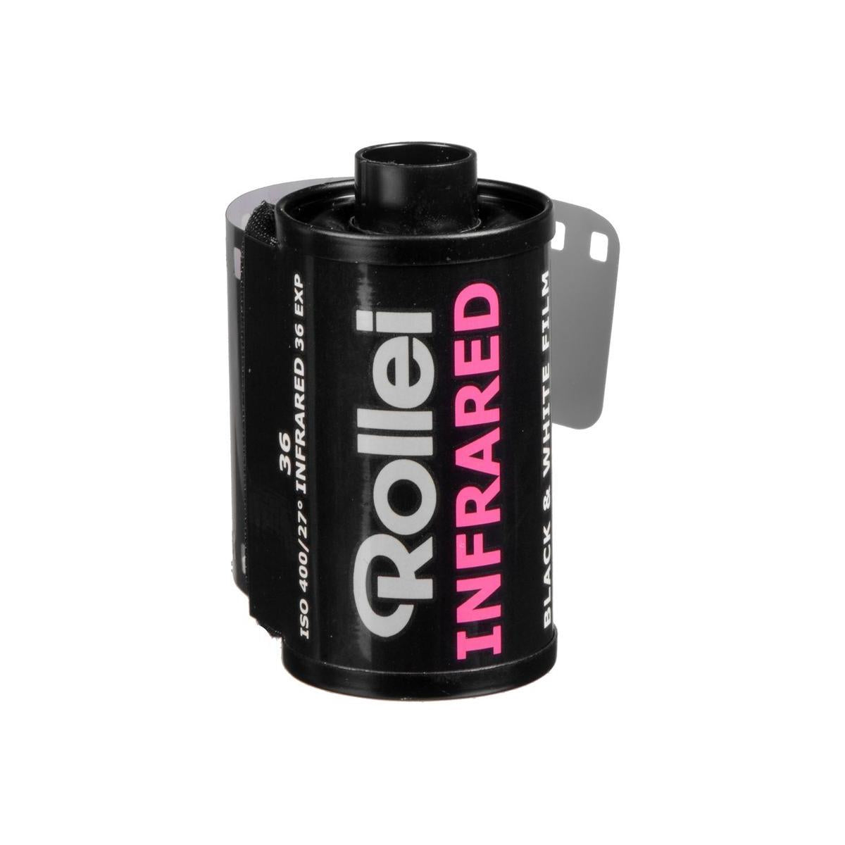 Rollei Infrared 400 ISO 35mm black and white film canister with white and pink text on a black metal casing.