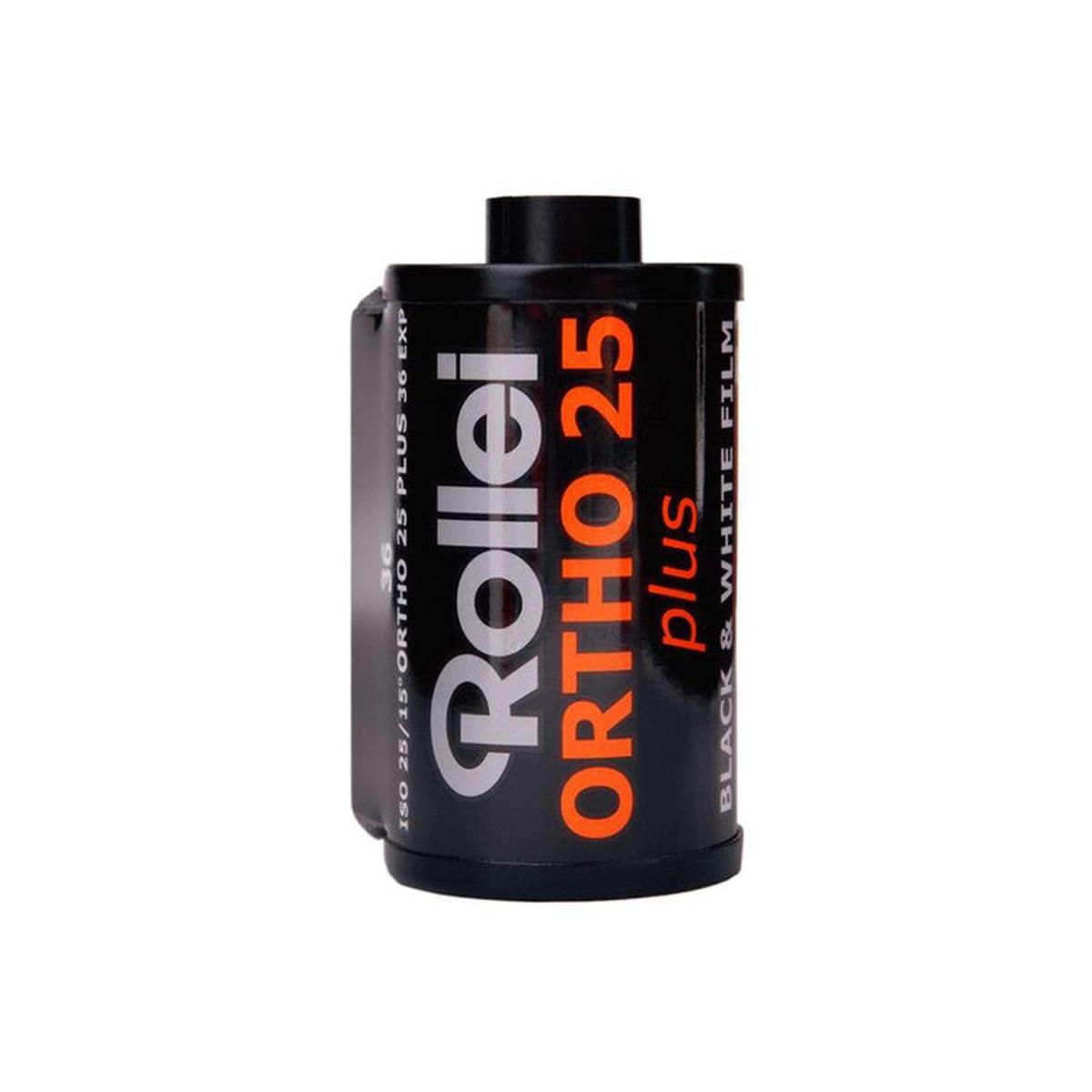 Rollei Ortho 25 Plus 35mm black and white film canister with bold orange and white text on a black background.