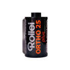 Rollei Ortho 25 Plus 35mm black and white film canister with bold orange and white text on a black background.