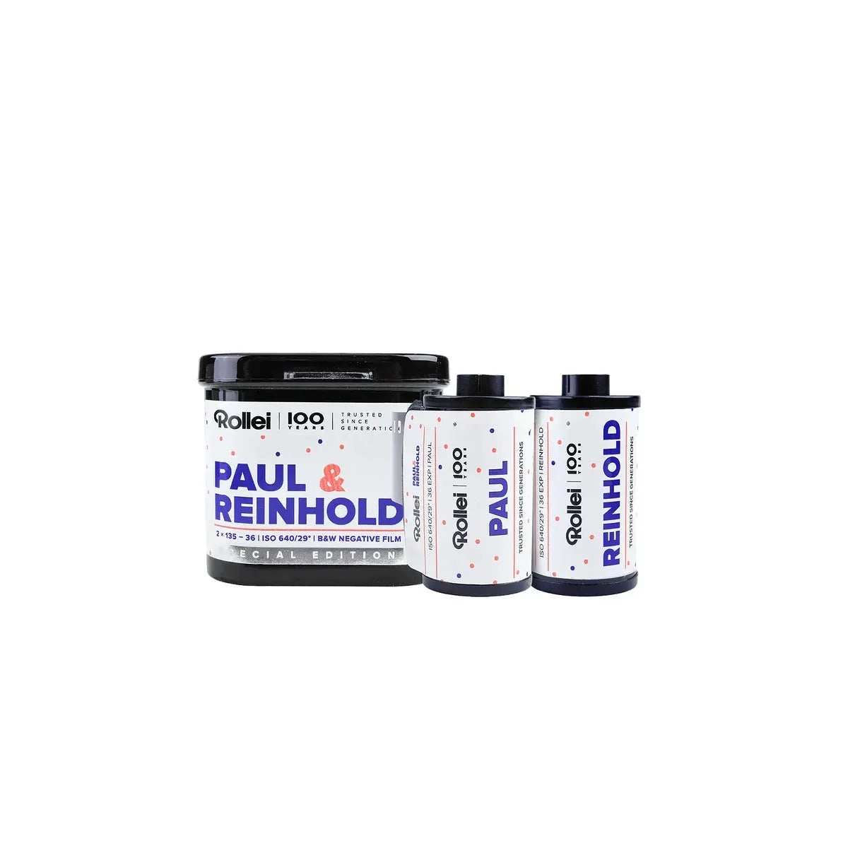 Two rolls of Rollei Paul and Reinhold 640 ISO 35mm black and white film with a black plastic storage canister.