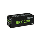 Black Rollei RPX 100 ISO 120 medium format film box with green text on a white background.