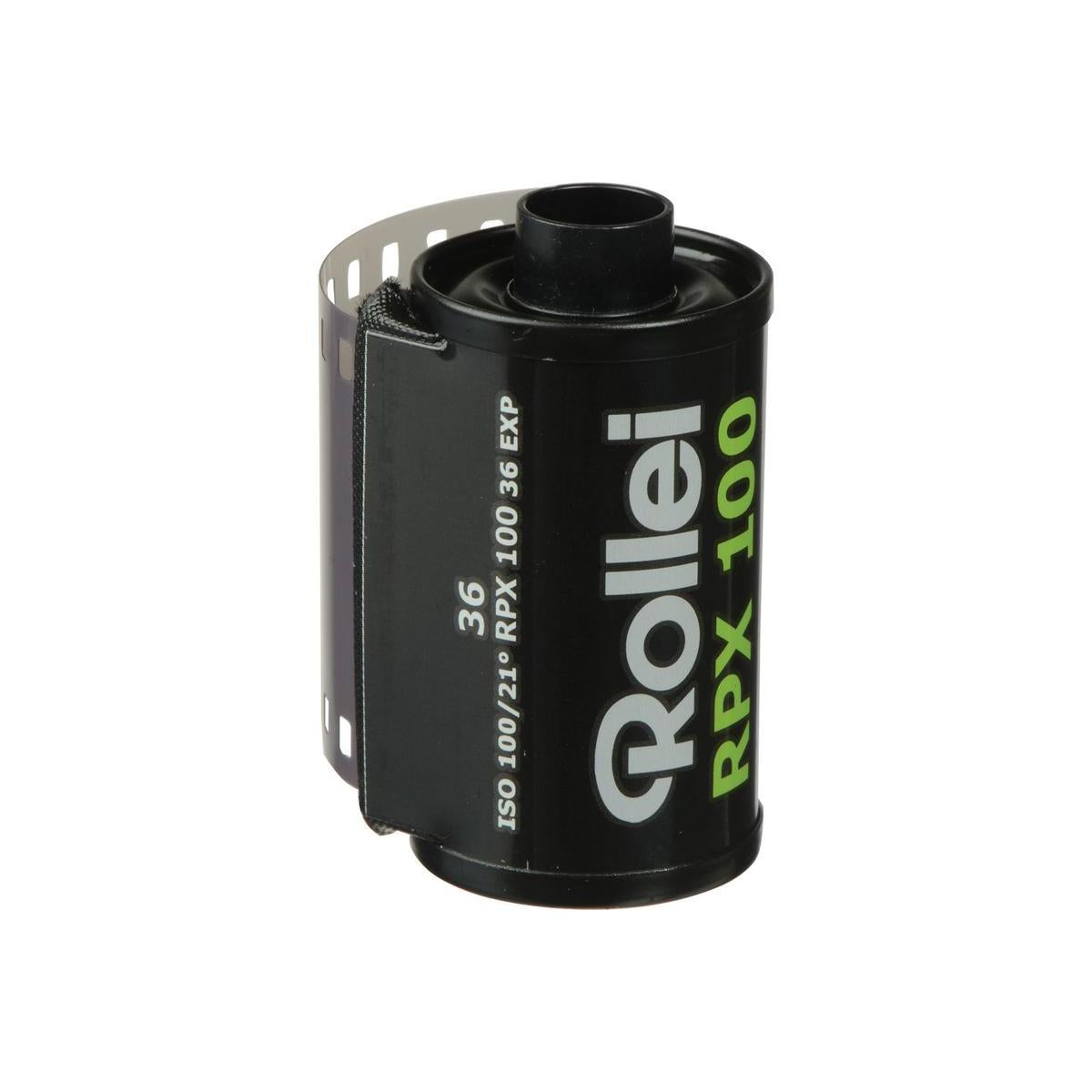 Rollei RPX 100 ISO 35mm black and white film canister with 36 exposures, featuring a black metal casing and white text.