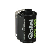 Rollei RPX 100 ISO 35mm black and white film canister with 36 exposures, featuring a black metal casing and white text.