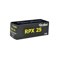 Black Rollei RPX 25 ISO 120 black and white film box with yellow text on a white background.