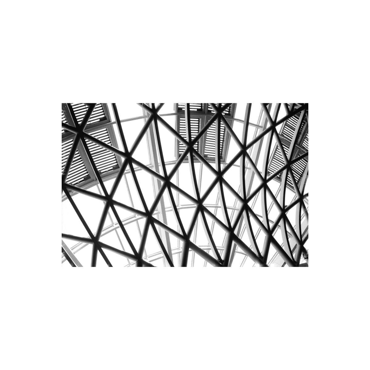 Black and white architectural shot of a geometric metal roof structure with high contrast and sharp detail.