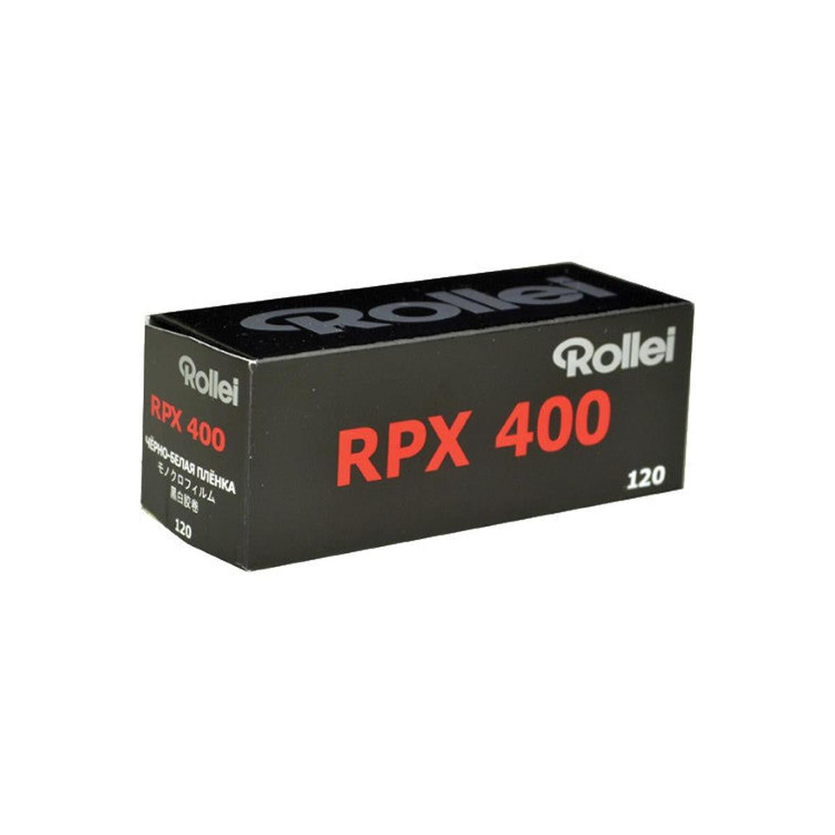 Black Rollei RPX 400 ISO 120 medium format film box with white and red branding text.