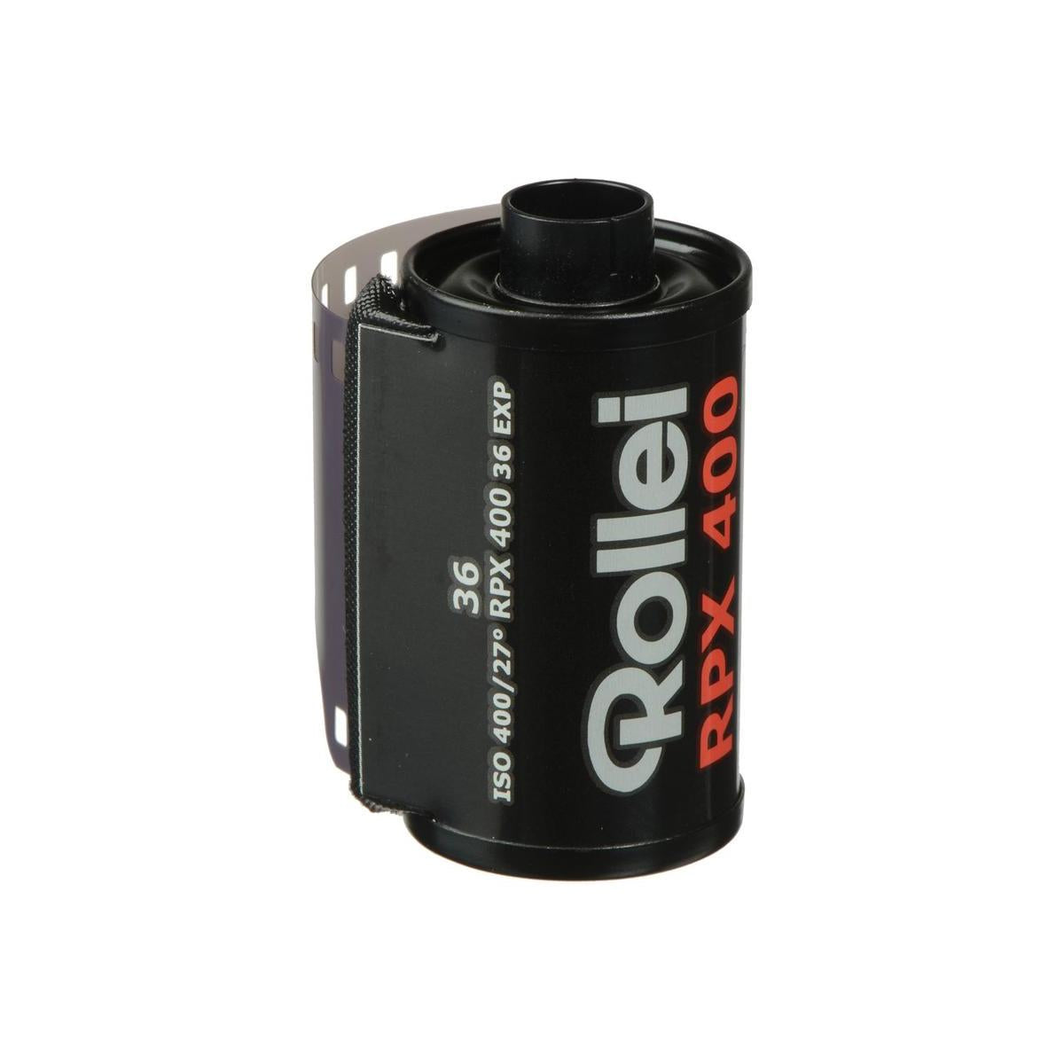 Black Rollei RPX 400 35mm film canister with white and red text, showing 36 exposures and ISO 400 rating.