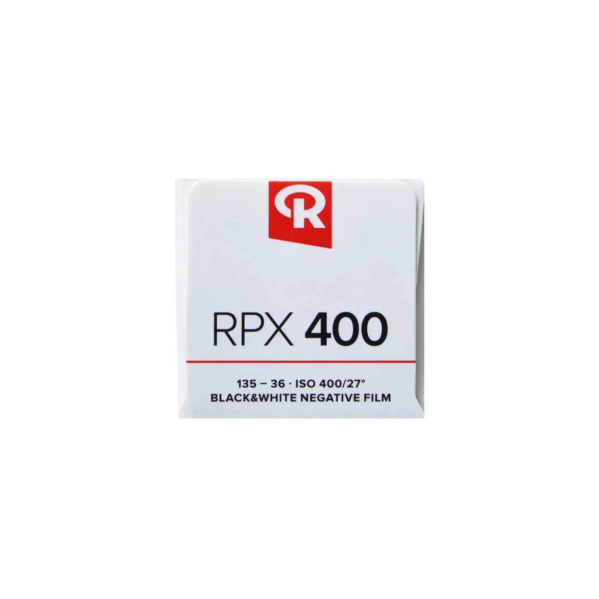 Rollei RPX 400 35mm black and white film box with white packaging, red logo, and bold black text on a clean background.