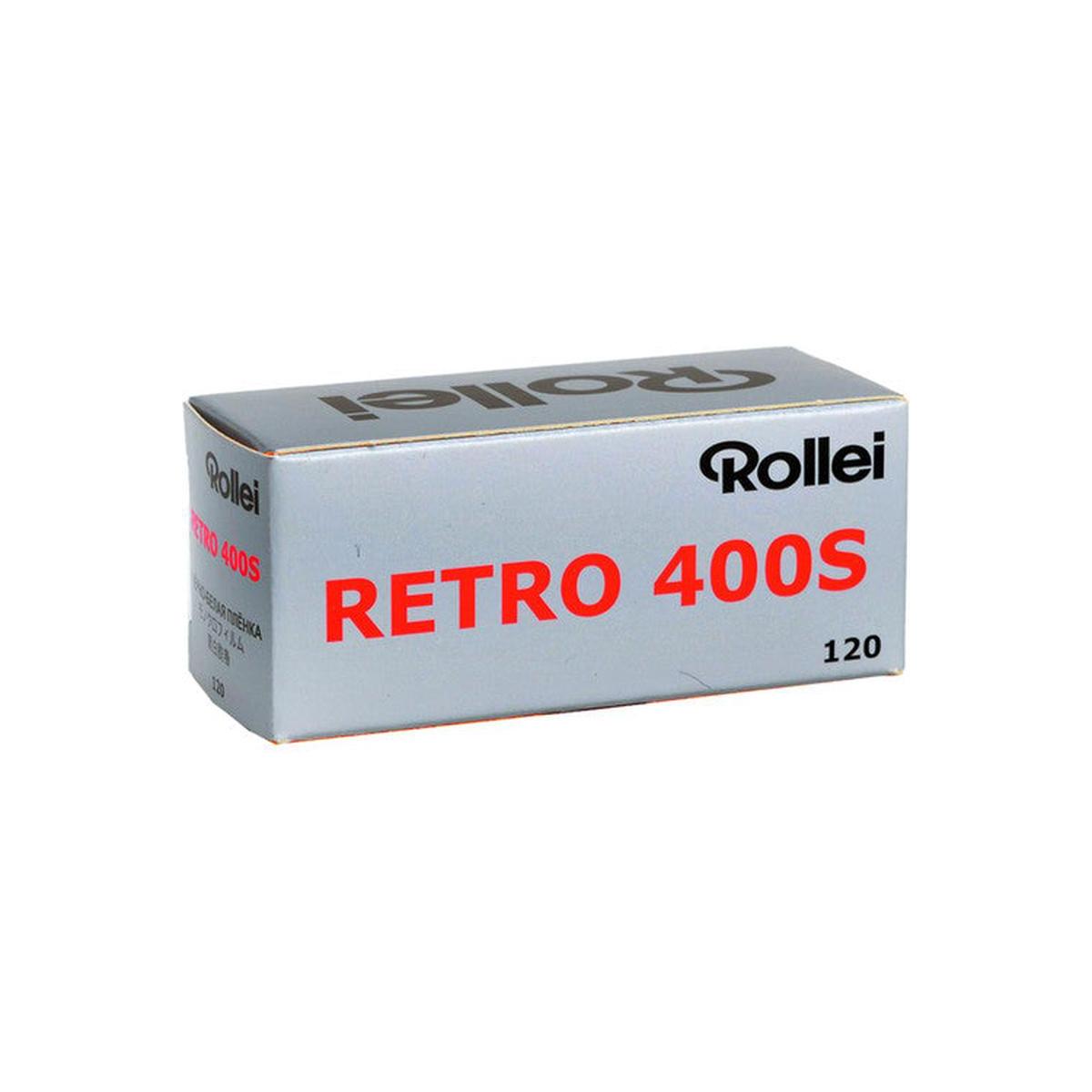 Rollei Retro 400S 120 black and white film box in silver packaging with bold red and black text.