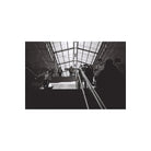 Black and white photo of a person descending stairs in an indoor setting with glass ceiling
