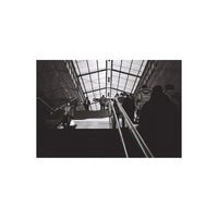 Black and white photo of a person descending stairs in an indoor setting with glass ceiling