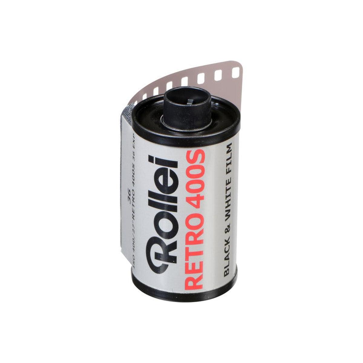 Rollei Retro 400S 35mm black and white film canister with a silver and black label, showing 36 exposures.