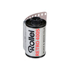 Rollei Retro 400S 35mm black and white film canister with a silver and black label, showing 36 exposures.