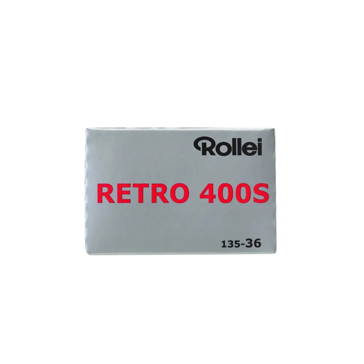 Silver box of Rollei Retro 400S 35mm black and white film with red text and 135-36 exposure count on a white background.