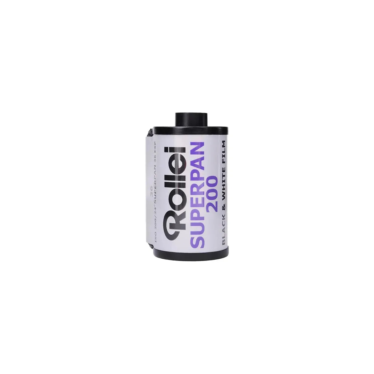 Rollei Superpan 200 ISO 35mm black and white film canister with white label and purple text on a white background.