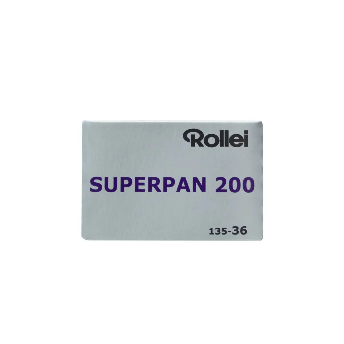 Rollei Superpan 200 35mm black and white film box in silver with purple text and 36 exposure label.