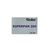 Rollei Superpan 200 35mm black and white film box in silver with purple text and 36 exposure label.