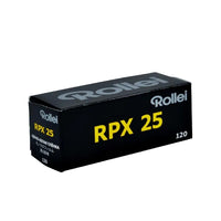 Rollei RPX 25 film box on a white background