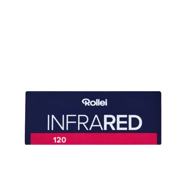 A Rollei Infrared 120 filter card, featuring a dark navy blue rectangular card with white text and a bright pink horizontal stripe at the bottom.