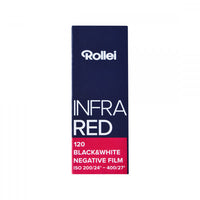 Rollei infra red black and white negative film packaging on a white background
