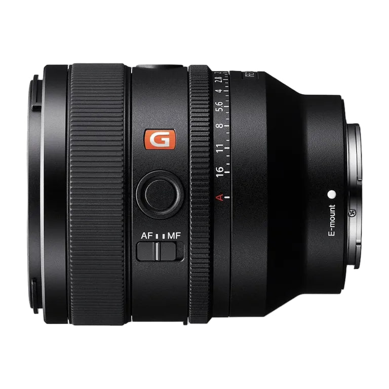 Sony G series camera lens in black with an orange G logo, showing the focus ring, aperture scale, AF-MF switch, and E-mount connector on a white background.