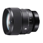 Sony 85mm f/1.4 DG HSM DN 4-PPr camera lens in black, shown at a three-quarter angle on a solid white background.