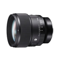 Sony 85mm f/1.4 DG HSM DN 4-PPr camera lens in black, shown at a three-quarter angle on a solid white background.