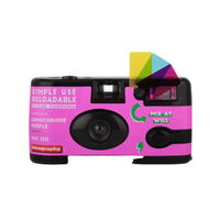 A purple Simple Use Reloadable Film Camera with branding and instructions printed on its body.