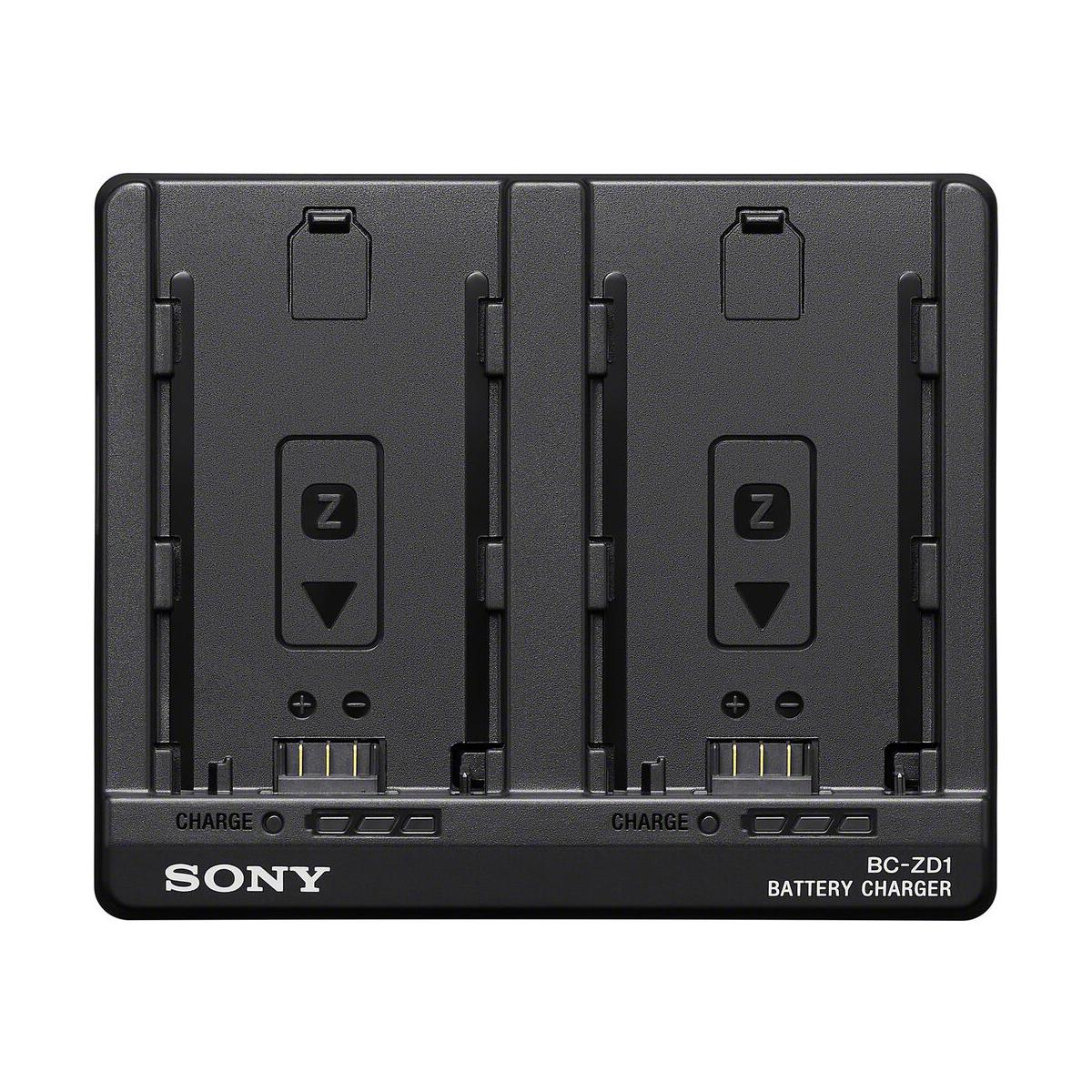 Black Sony BC-ZD1 dual-battery charger with two slots for NP-FZ100 batteries and LED status indicators on a white background.