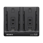 Black Sony BC-ZD1 dual-battery charger with two slots for NP-FZ100 batteries and LED status indicators on a white background.