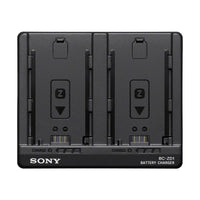 Black Sony BC-ZD1 dual-battery charger with two slots for NP-FZ100 batteries and LED status indicators on a white background.