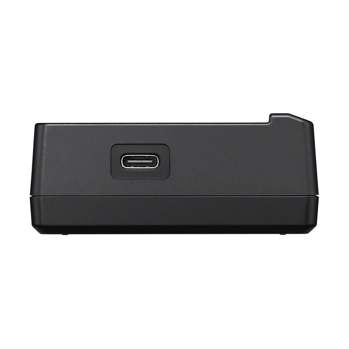 Black Sony BC-ZD1 dual-battery charger side view featuring a centered USB-C input port on a matte plastic housing.