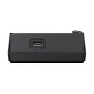 Black Sony BC-ZD1 dual-battery charger side view featuring a centered USB-C input port on a matte plastic housing.