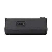 Black Sony BC-ZD1 dual-battery charger side view featuring a centered USB-C input port on a matte plastic housing.