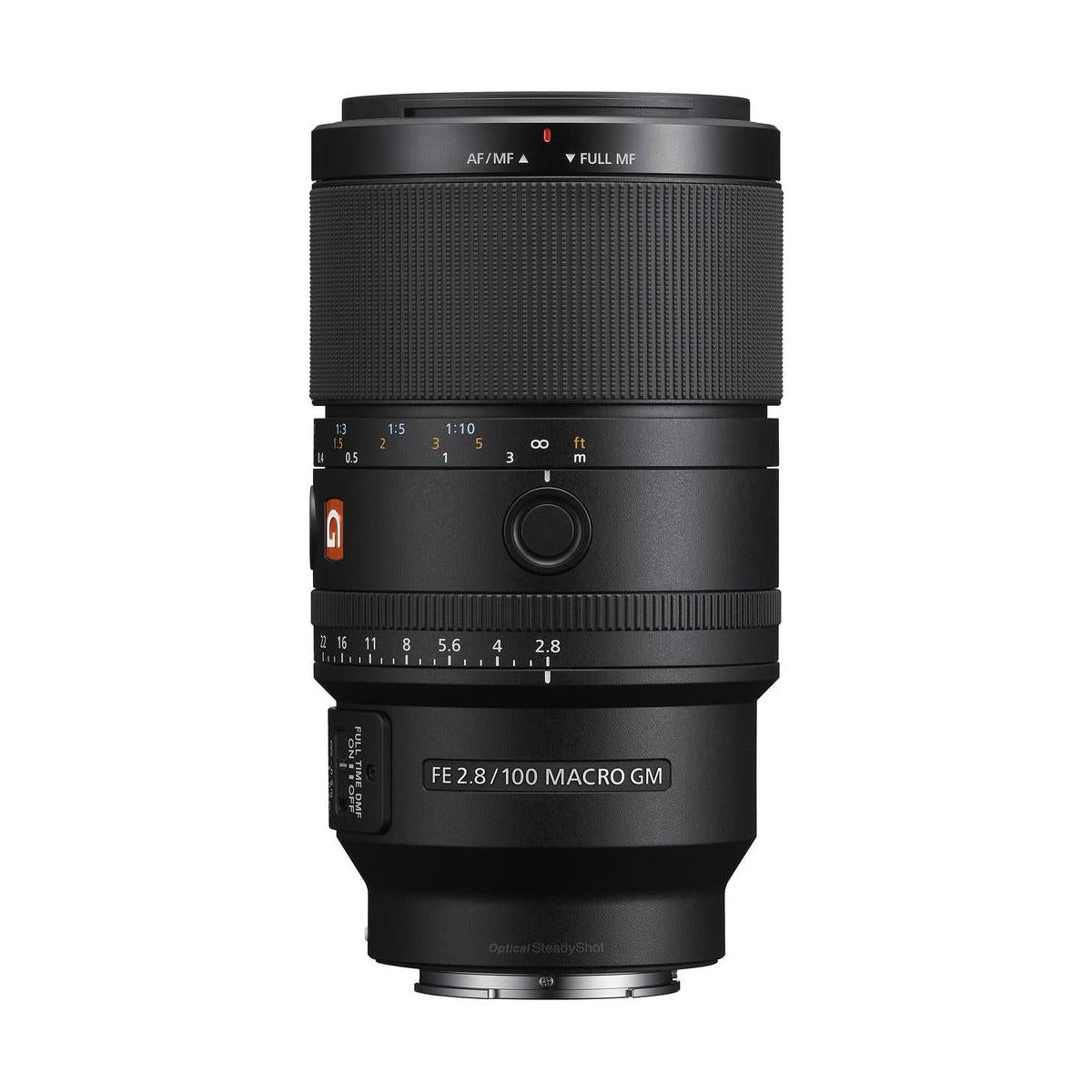 Sony FE 100mm f/2.8 Macro GM lens in black with focus ring, aperture dial, and G Master branding on a white background.