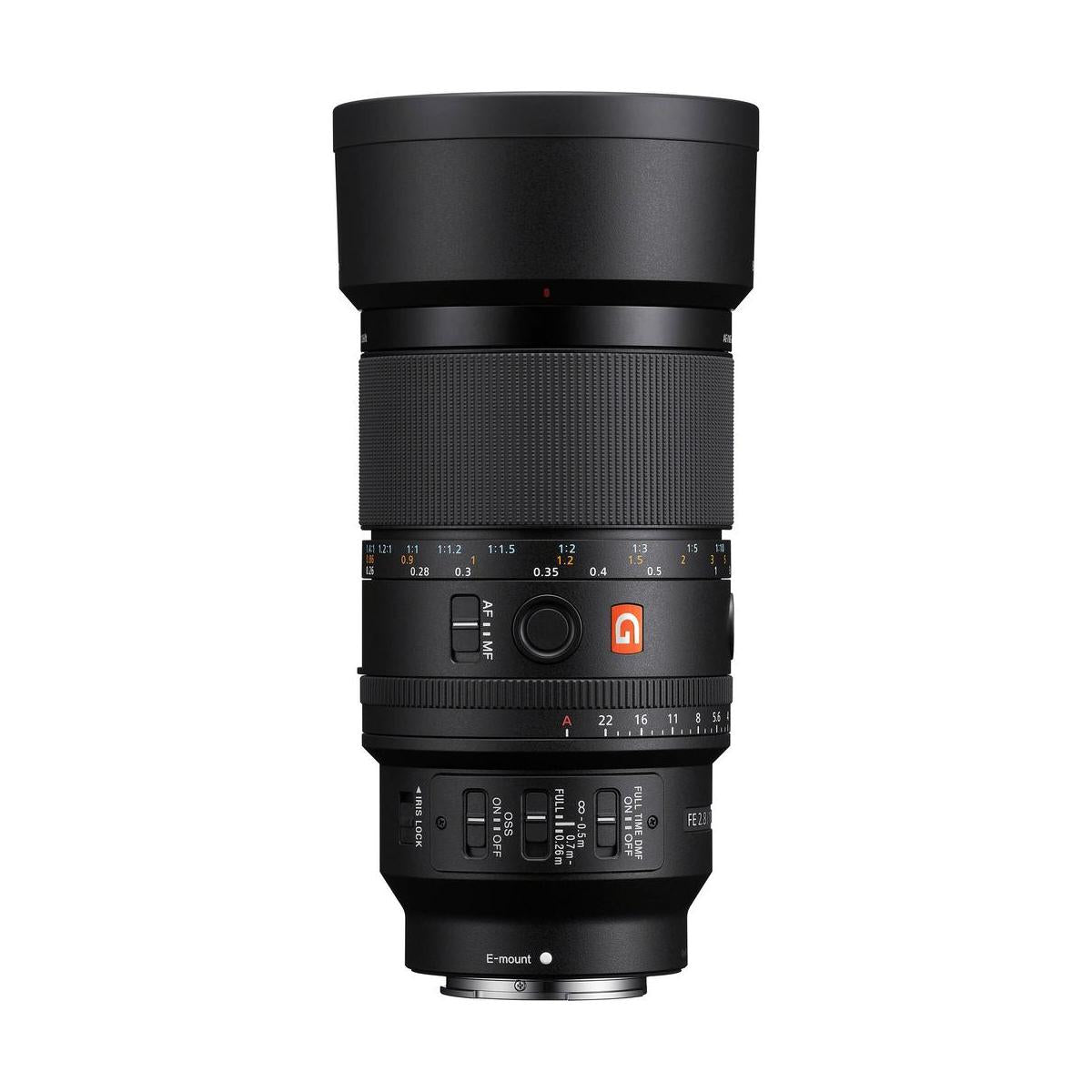 Black Sony FE 100mm f/2.8 G Master macro lens with focus ring, aperture dial, and control switches on white background.