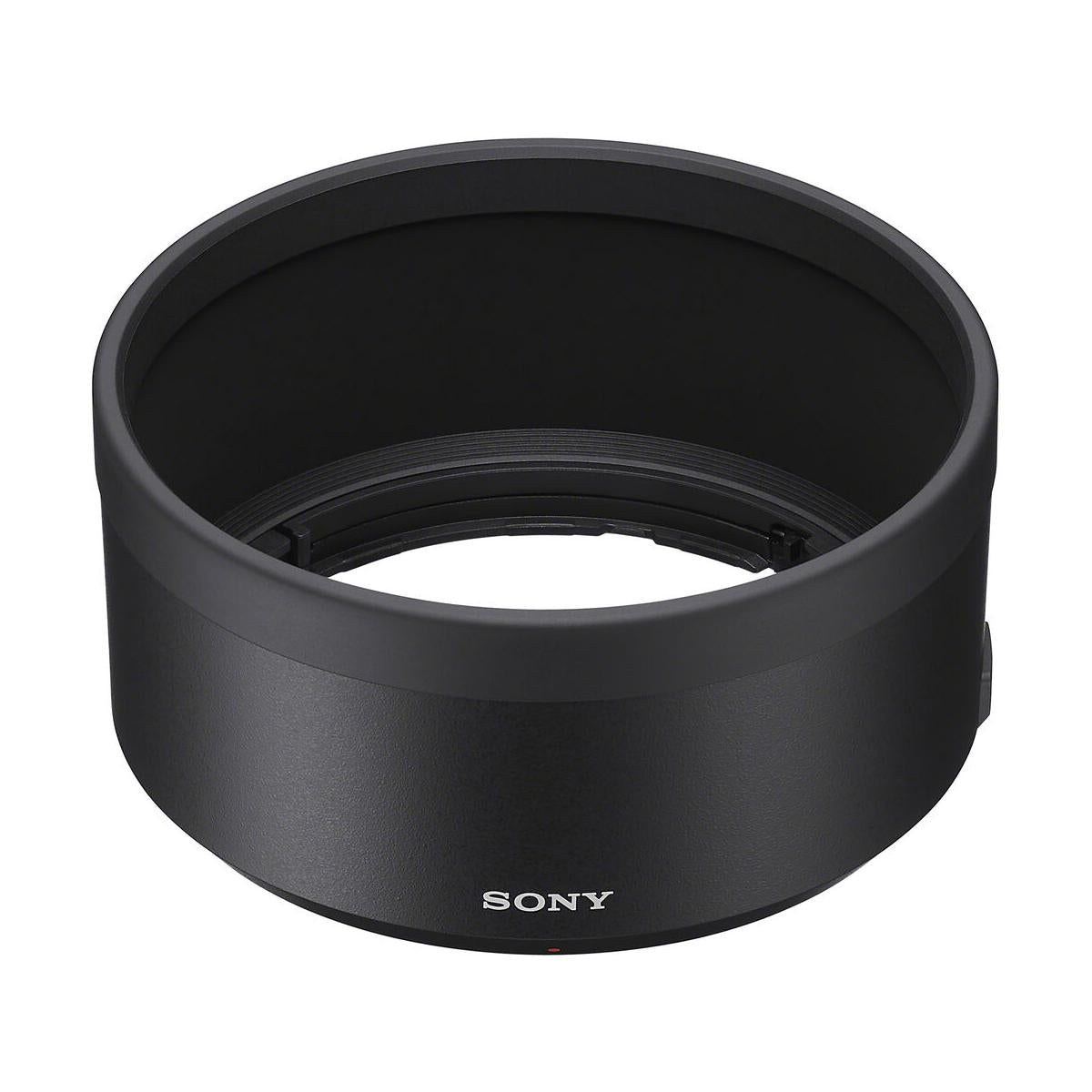 Black cylindrical Sony lens hood with a matte finish and white Sony logo, designed for the 100mm macro lens.