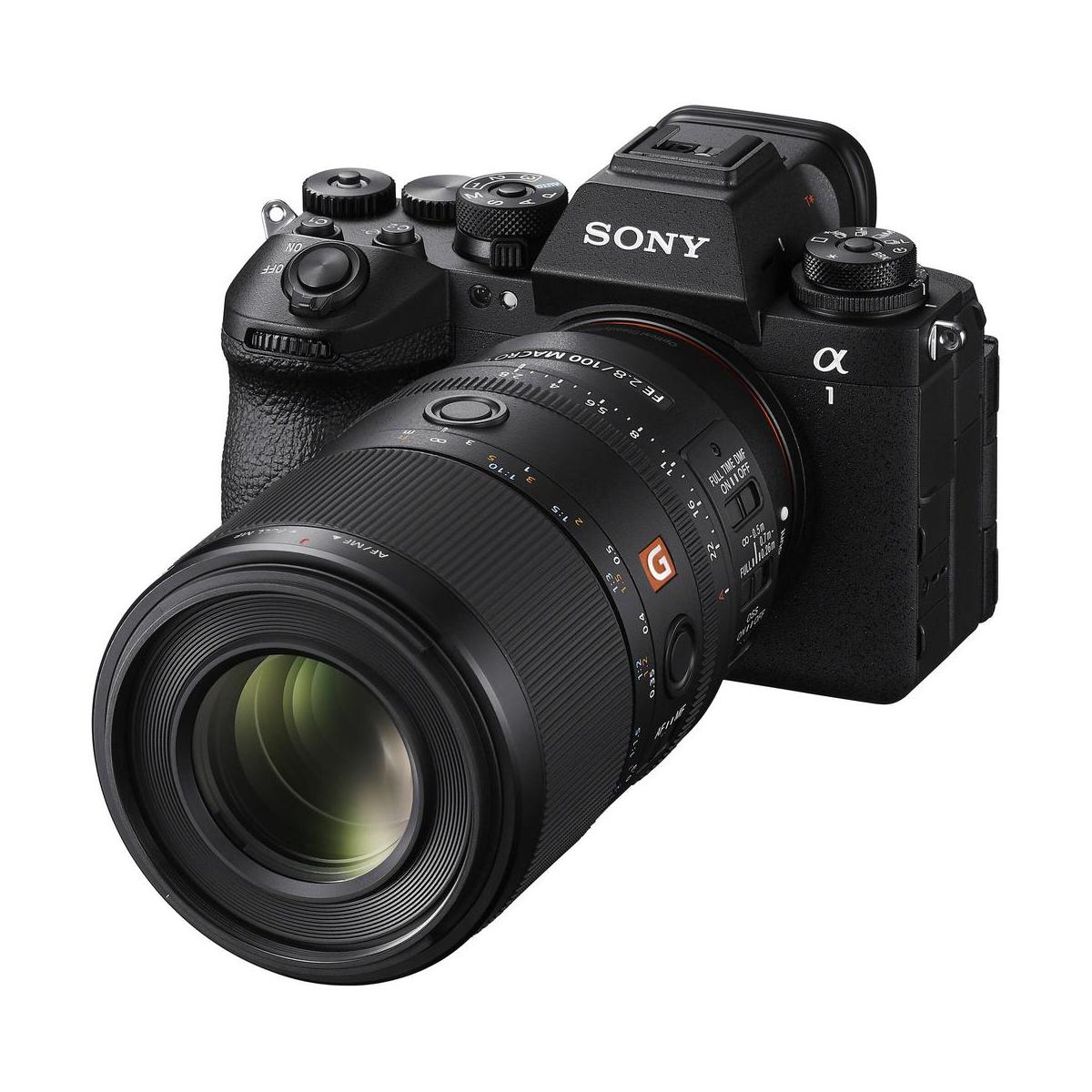 Sony FE 100mm f/2.8 Macro GM lens attached to a black Sony Alpha mirrorless camera body.