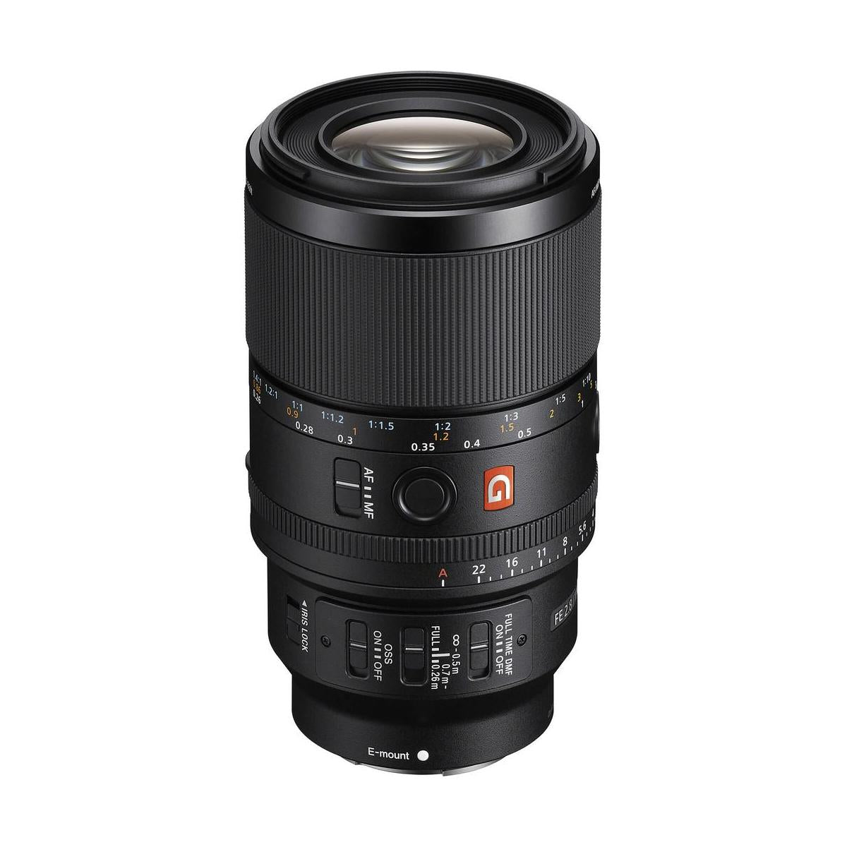 Black Sony FE 100mm f/2.8 GM macro lens with focus ring, aperture dial, and G Master branding on a white background.