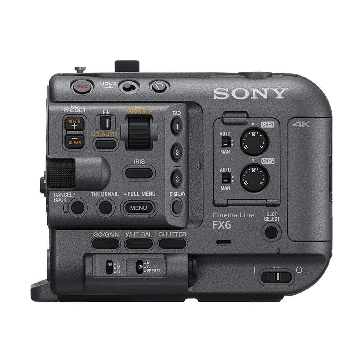 Sony FX6 cinema camera body in matte grey with side control panel, audio dials, and professional recording buttons.