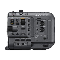 Sony FX6 cinema camera body in matte grey with side control panel, audio dials, and professional recording buttons.