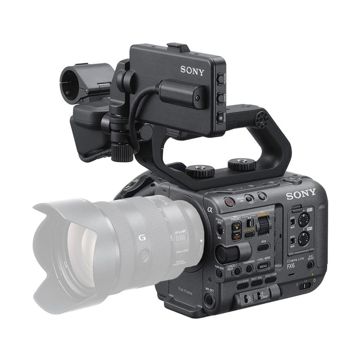 Sony FX6 cinema camera body in matte black with a top handle, side control panel, and attached lens on white background.