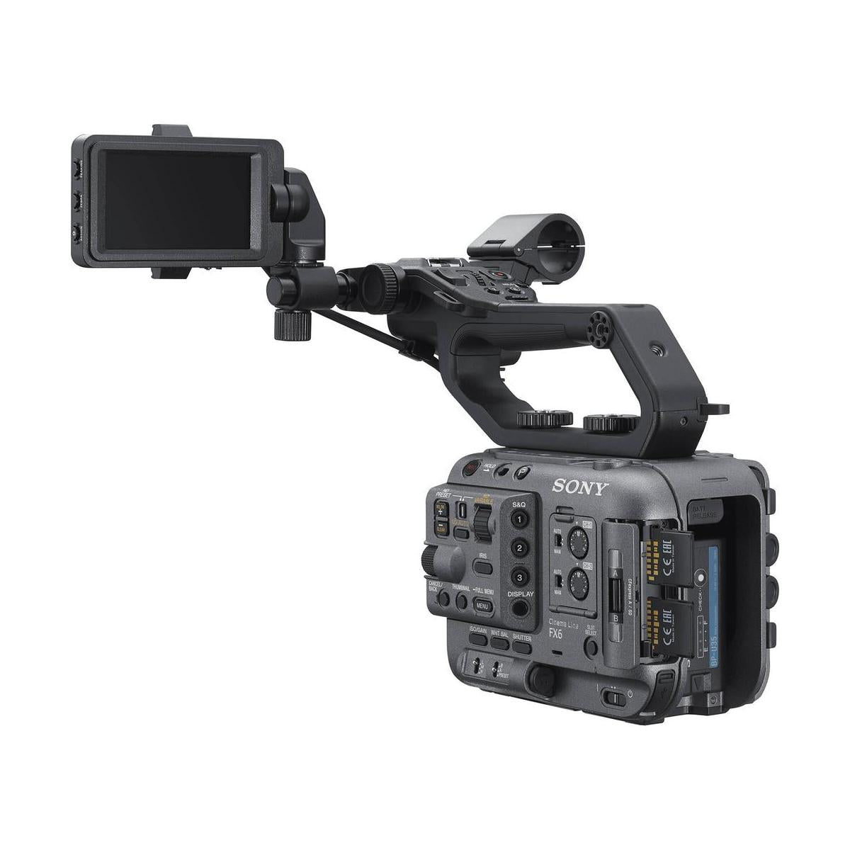 Sony FX6 cinema camera body in matte gray with top handle, articulating LCD screen, and dual card slots.
