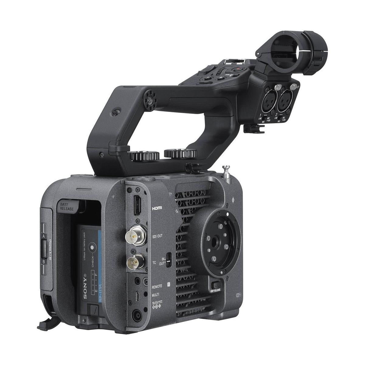 Rear view of compact black Sony FX6 cinema camera body with top handle, XLR inputs, and battery pack installed.