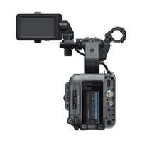Rear view of Sony FX6 cinema camera body with battery, side-mounted LCD screen, and dual CFexpress card slots.