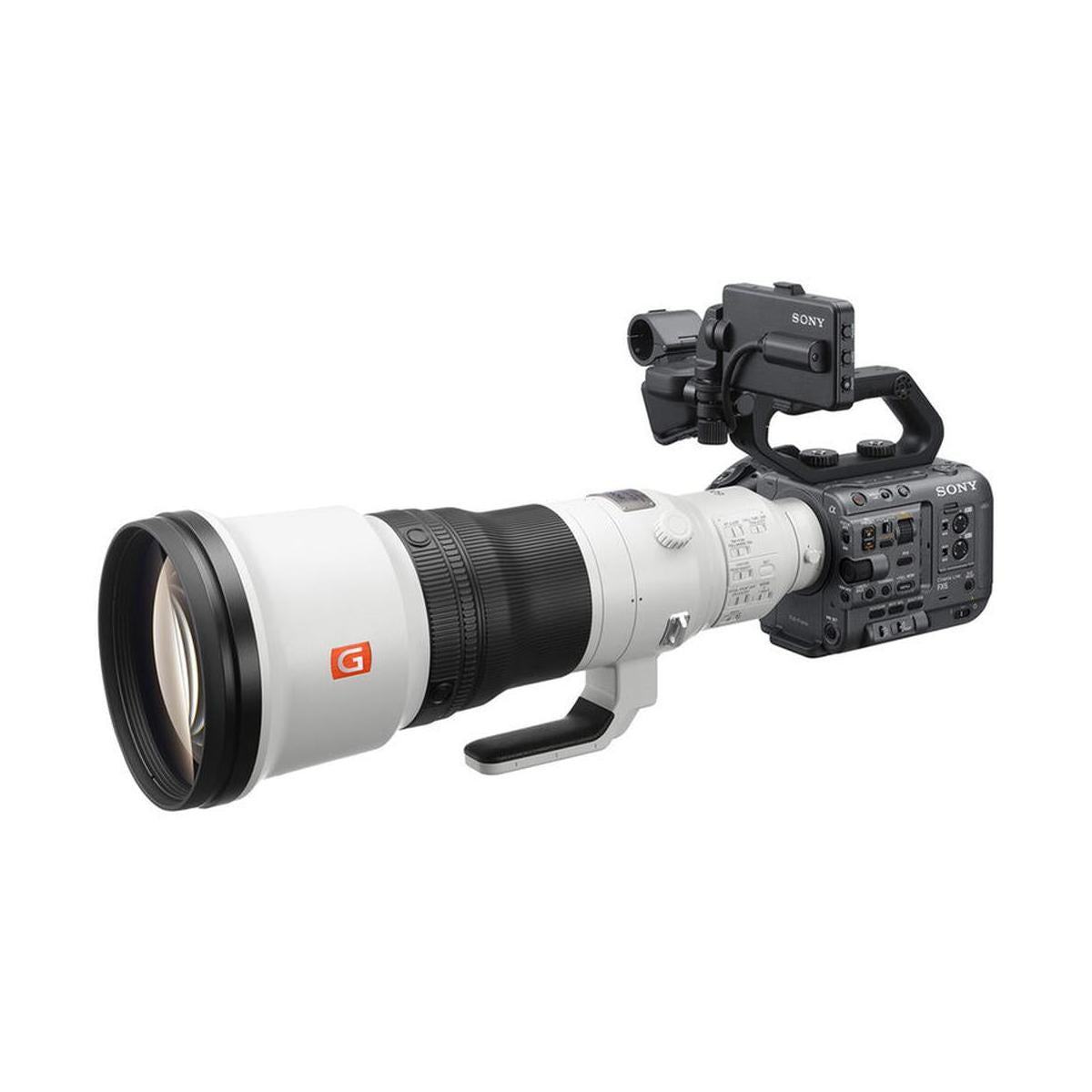Sony FX6 cinema camera body with a large white G Master telephoto lens attached against a white background.