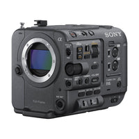 Sony FX6 full-frame cinema camera body in matte black with E-mount lens port, control dials, and professional buttons.